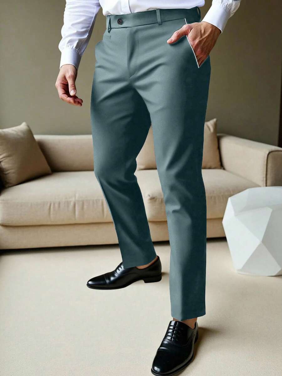 Calvornis Pantalones de traje de negocios casuales para hombres, diseño de bolsillo, regalo perfecto para tu novio o esposo. Pantalones de traje casuales de unicolor entallados para hombres, pantalones formales negros de corte slim para hombres, pantalones negros únicos para hombres, pantalones para hombres para ceremonias - Azul - Ver 1