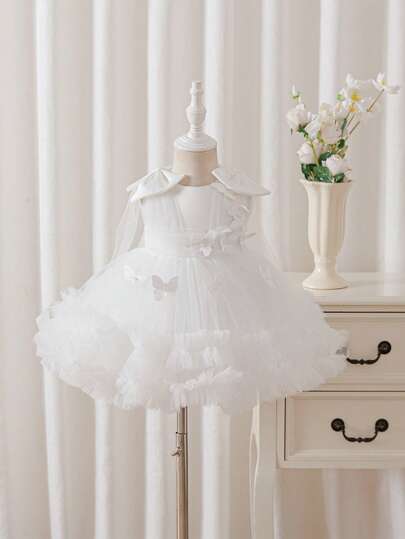 Glamorique Kids Váy công chúa dễ thương cho bé gái, chất liệu voan xếp ly, đính nơ và ngọc trai, thích hợp cho tiệc sinh nhật, lễ hội.