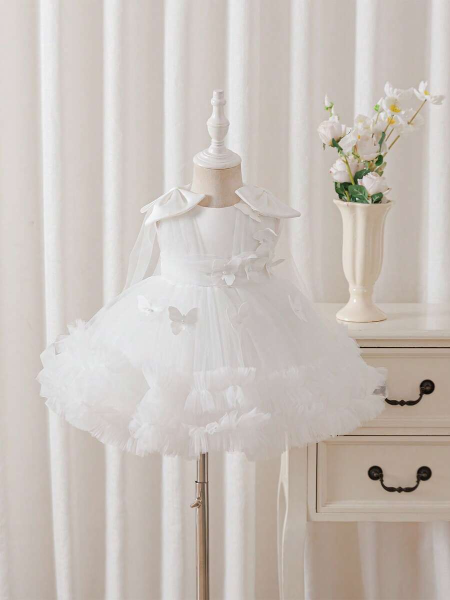 Glamorique Kids 幼女優雅白色婚禮花童禮服,可愛薄紗蓬蓬裙配蝴蝶結珍珠裝飾,夏季生日派對賓客花卉洋裝 - 白色 - 查看 1