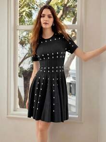 MOTF PREMIUM VESTIDO MINI DE PUNTO DE MANGA CORTA ELEGANTE PARA CITAS, PRIMAVERA/VERANO PARA MUJER - Blanco y Negro - Ver 4