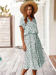 Breezaya Vestido de lunares verde menta para mujer, cuello en V con botones, cintura ceñida, manga corta, estilo boho, para vacaciones de verano, resort, casual, nueva llegada, vestido de vacaciones - Verde - Ver 7