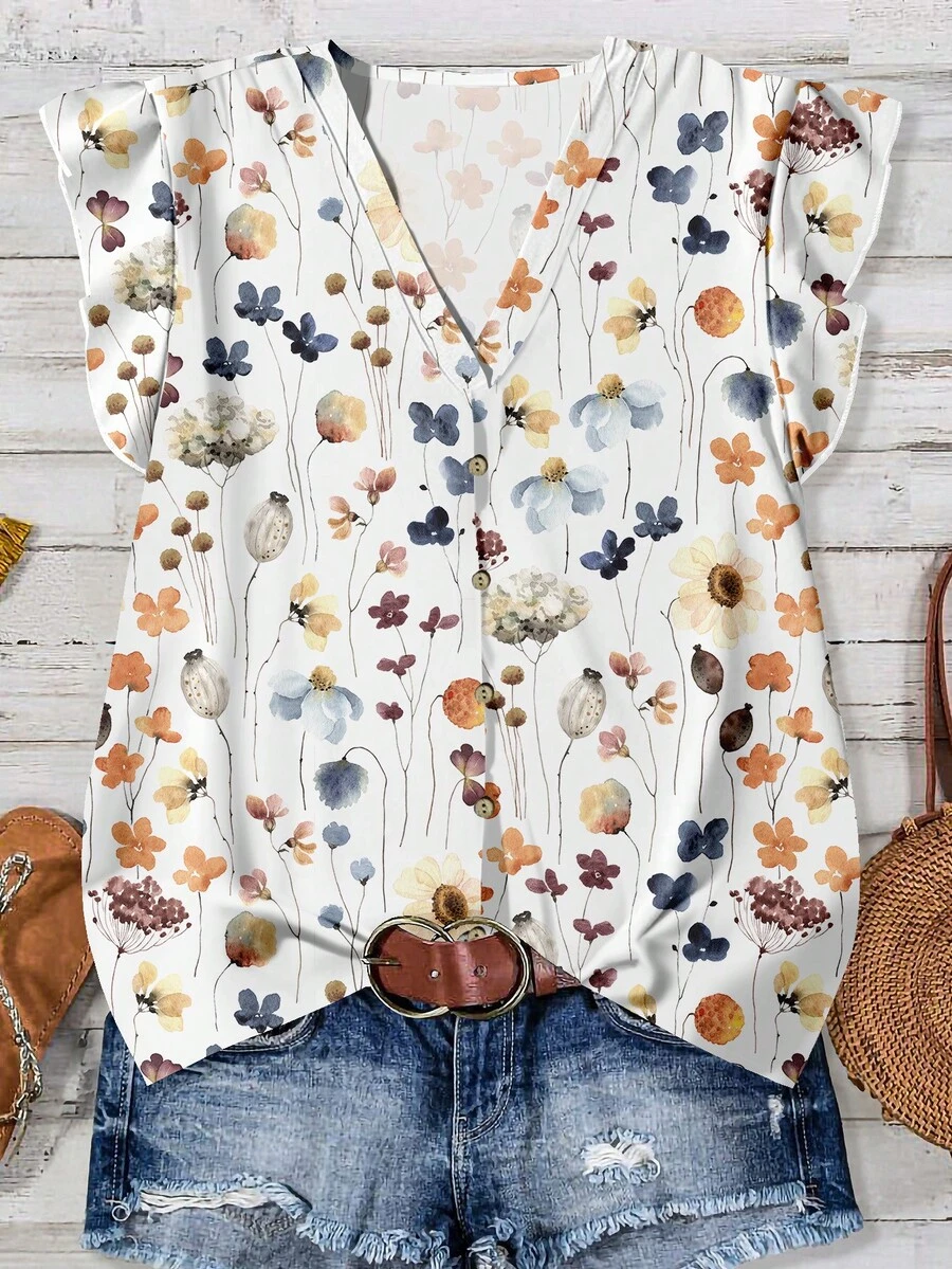 SHEIN LUNE Women's Floral Pattern Casual Shirt, Suitable For Summer - Multicolor - View 1