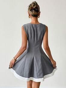 Franclia 女士优雅系腰无袖蝴蝶结连衣裙，夏季 - 灰色 - 查看 2