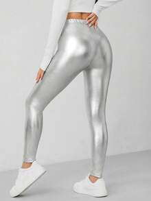 SHEIN PETITE Women's Silver Coated Knit Leggings - Silver - View 2