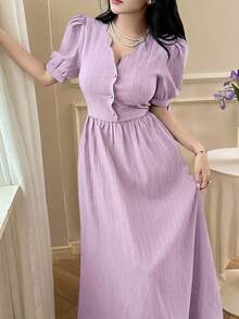 Feyla Gaun Lengan Pendek Kasual Minimalis Warna Polos untuk Wanita - Mauve Purple - View 5