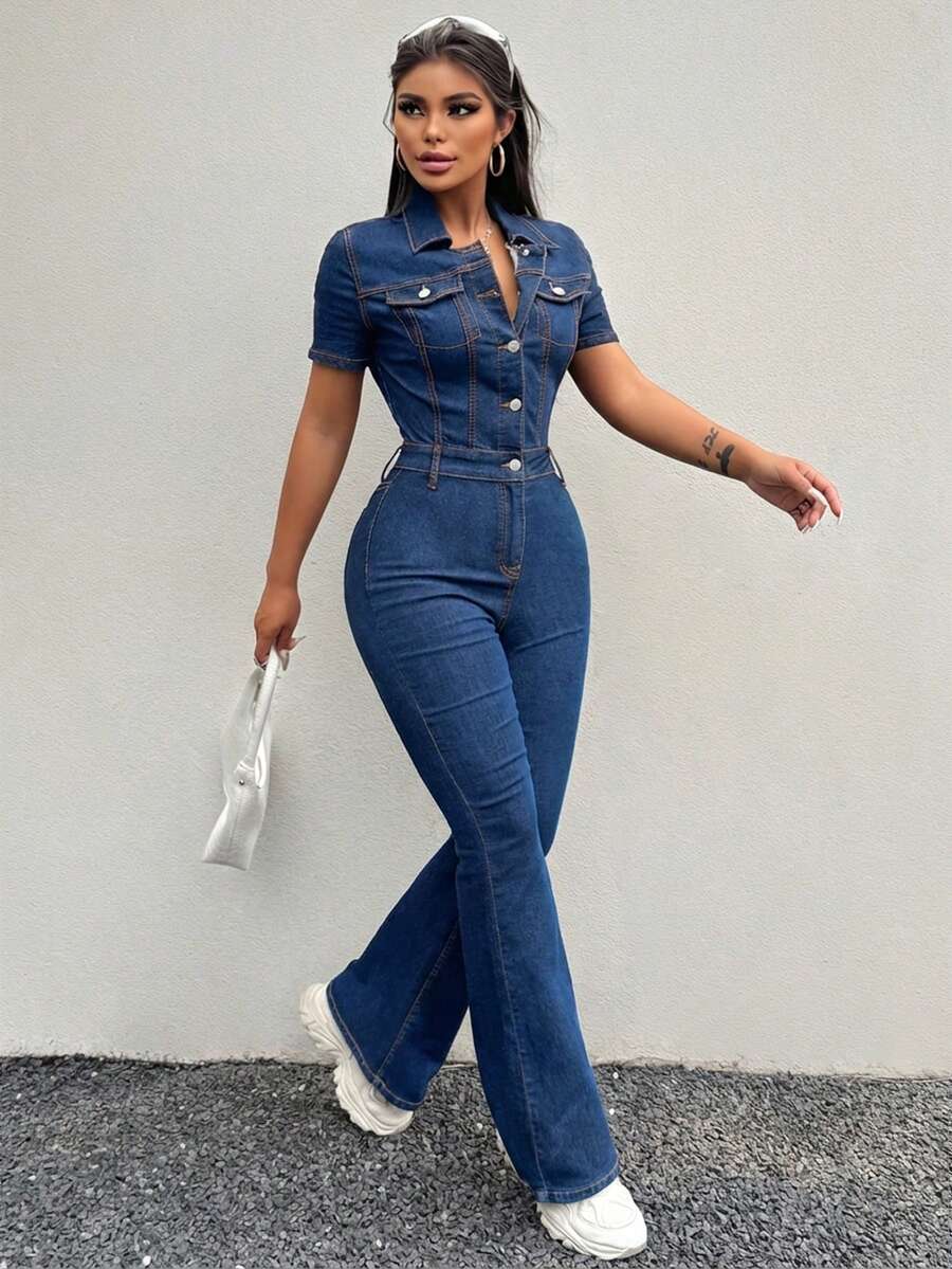 SHEIN SXY Bộ áo liền quần denim nữ, ống loe dài ôm sát, tay ngắn, màu đen co giãn gợi cảm. - Rửa tối - Xem 1