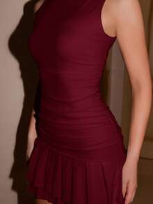 Bris Aura 1pc Women's Sleeveless Solid Color White Bodycon Ruched Ruched Mini Dress, Business Casual Woman,Party Dress - Burgundy - View 7
