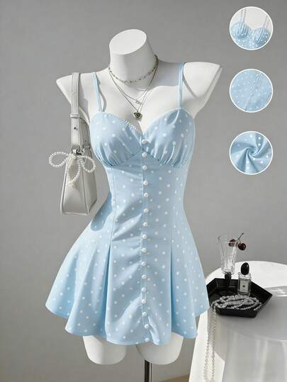 Elamini 甜美波点吊带修身性感迷你A字连衣裙