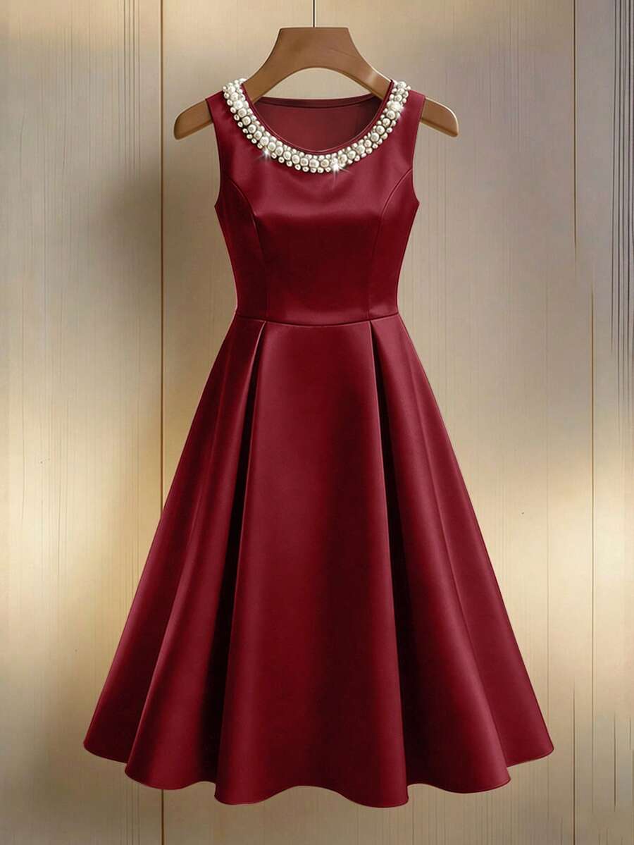 SHEIN Franclia 女士春夏新款优雅杏色圆领无袖收腰A字连衣裙，饰有珍珠，适合派对穿着 - 酒紅色 - 查看 1
