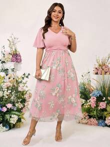 Cravure Vestido corto de manga corta elegante con bordado floral de talla grande - Rosa - Ver 5