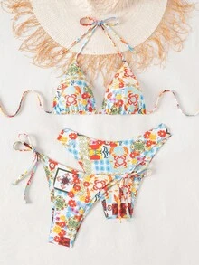 Swim Vcay Bộ bikini hai mảnh họa tiết hoa hình học mùa hè, chất liệu vải dệt kim, kiểu dáng hở lưng gợi cảm, thích hợp cho kỳ nghỉ, tiệc tùng, bãi biển, hồ bơi, năm mới, Giáng sinh. - Nhiều màu - Xem 3