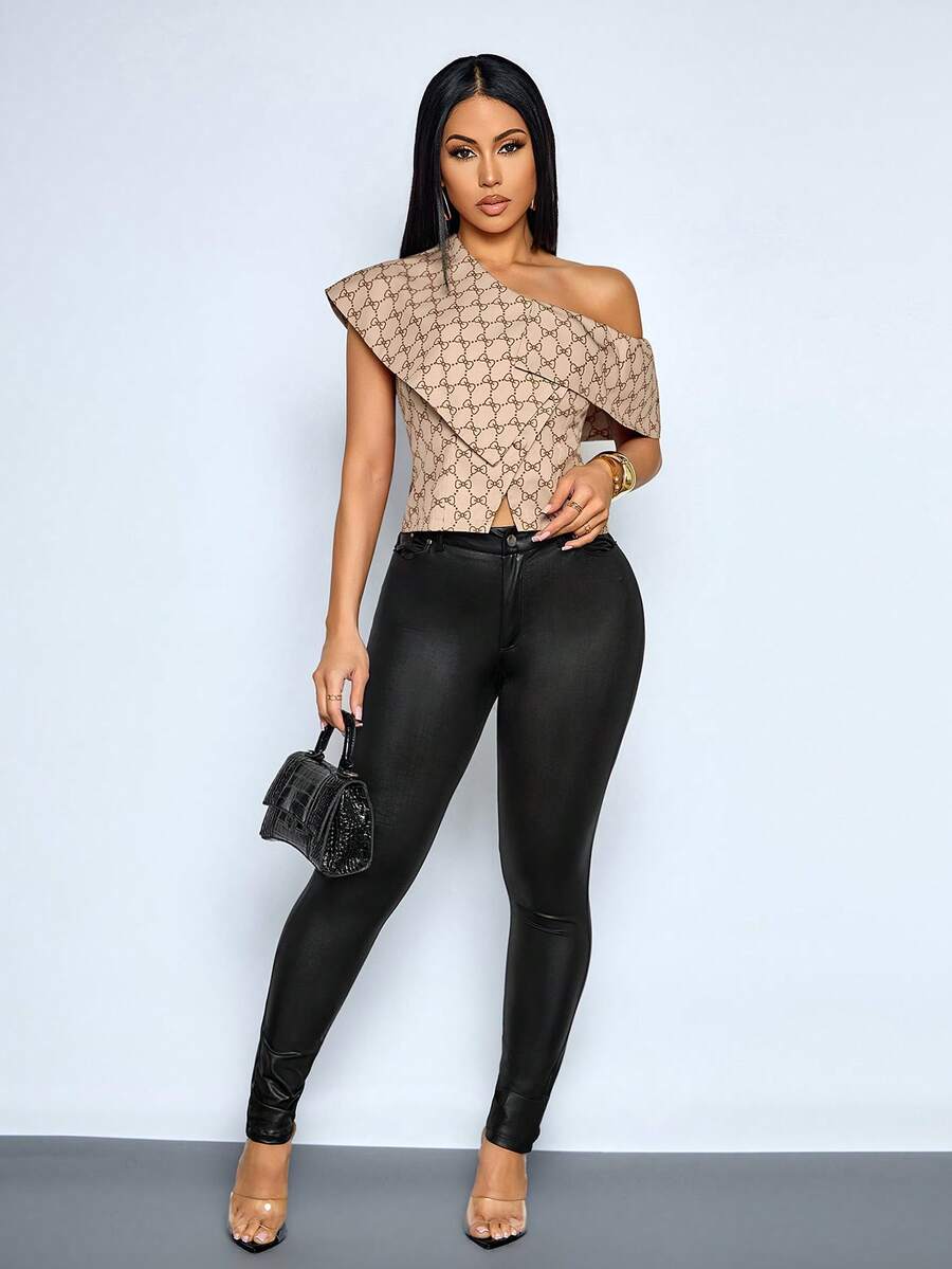 SOLERSUN Khaki Bow Print Sleeveless Asymmetric Off-Shoulder Ruffle Button-Down Open-Front Shirt, Elegant And Stylish For Everyday Casual Wear - Khaki - View 1