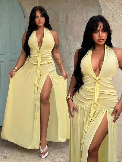 Rustia Plus Size Women's Deep V-Neck Halter Tie Ruched A-Line Flowy Elegant Vintage Maxi Dress, Suitable For Party, Beach, Holiday, With Ruffle Hem And Metallic Starfish Decor