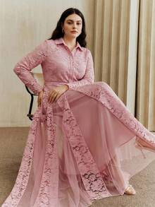 Anewsta New Elegant Chic Mesh & Contrast Lace Design Collar Long Sleeve Flared Dress, Suitable For Party, Wedding, Spring, Summer, Valentine's Day, Carnival - Pink - View 1