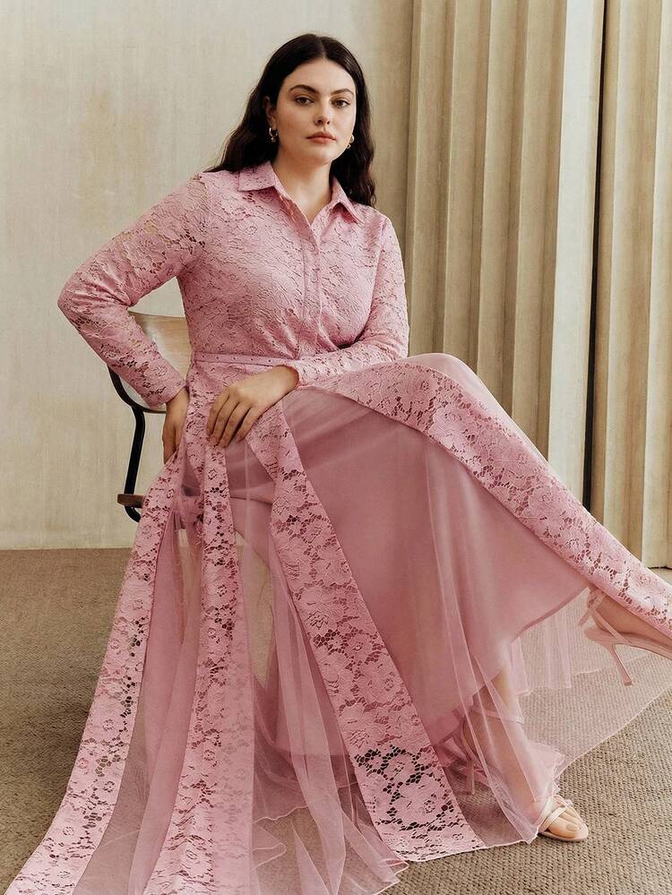 New Elegant Chic Mesh & Contrast Lace Design Collar Long Sleeve Flared Dress, Suitable For Party, Wedding, Spring, Summer, Elegant, Valentine's Day, Carnival