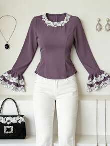 DAZY Women's Elegant Contrast Color Lace Patchwork Round Neck Flare Sleeve Blouse, Spring/Summer - Purple - View 8