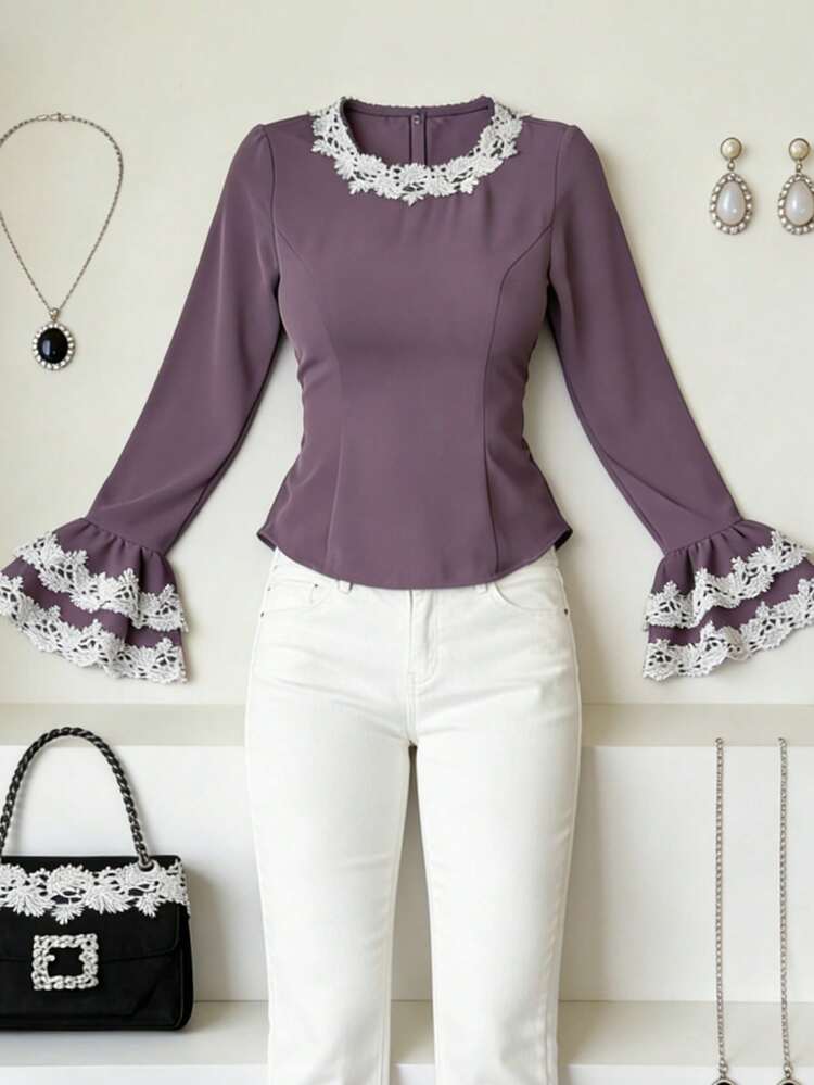Women's Elegant Contrast Color Lace Patchwork Round Neck Flare Sleeve Blouse, Spring/Summer