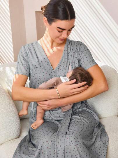 SHEIN Đầm bà bầu cổ chữ V họa tiết hoa nhỏ xinh xắn, buộc eo, tay ngắn thanh lịch dùng cho con bú hàng ngày
