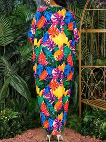 SHEIN Lady Women's V-Neck Leaf Print Casual Dress For Vacation Beach Cover Up Women's Cruise Outfit Women's Dresses Women's Beachwear Work Outfits For Women Women's Beach Cover-Up Dresses For Women Beach Vacation Outfits For Women Beach Cover Ups For Women Women's Beach Cover Up Elegant Women's Beach Cover Up Women's Clothing Dresses For Holiday Women's Clothes  Easter Outfit Women Easter Outfits Office Wear For Women Floral Dress For Women - Multicolor - View 2
