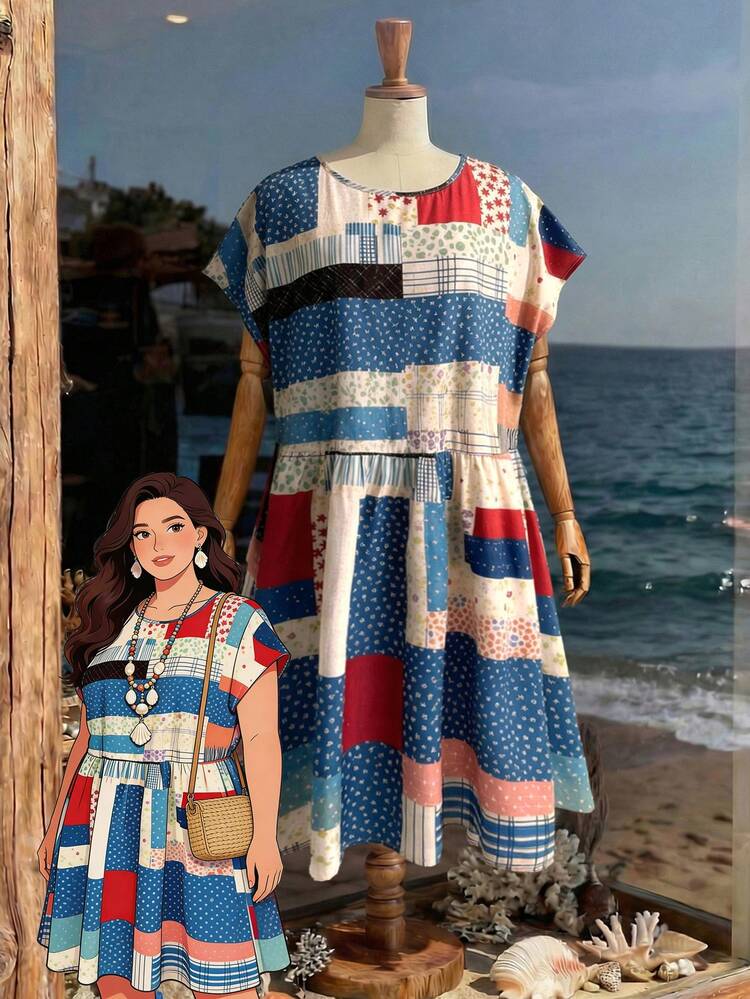 Plus Size Women Summer Beach Vacation Style Patchwork Print Batwing Sleeve Cinched Waist Dress  Summer Dress  Summer Outfits Summer Clothes Spring Dress Spring Outfit Women Spring Clothing Country Style For Women Country Dress For Women Beach Dresses  Beach Outfits For Women  Beach Vacation Outfits For Women Seaside Retro Mannequin Window Display