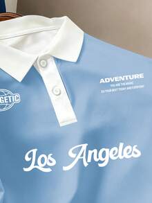 Manfinity Joysei Men's Letter Print Casual Versatile Commuting Short Sleeve Polo Shirt - Baby Blue - View 3