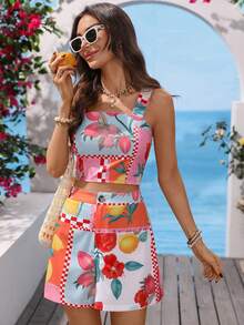 Vivid Eden Bộ 2 món gồm áo vest và quần short bằng vải chiffon in họa tiết dành cho nữ, thích hợp cho kỳ nghỉ xuân/hè. - Nhiều màu - Xem 1