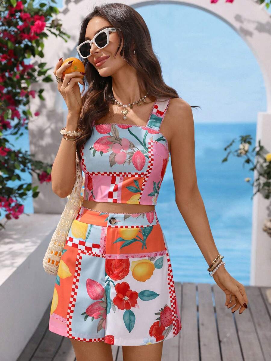 Vivid Eden Bộ 2 món gồm áo vest và quần short bằng vải chiffon in họa tiết dành cho nữ, thích hợp cho kỳ nghỉ xuân/hè. - Nhiều màu - Xem 1