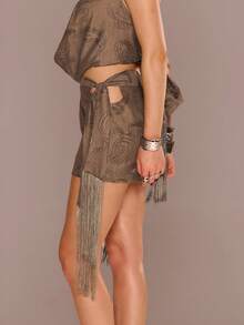 MUSERA Chân váy ngắn cạp thấp, khoét eo, có tua rua, kiểu dáng mùa hè, thích hợp cho kỳ nghỉ, đi biển, Ibiza, lễ hội, thanh lịch, Cherry Moon - Xám - Xem 5