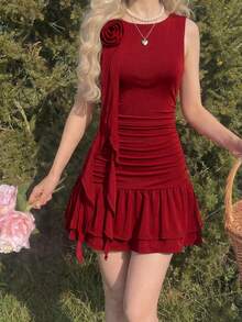 Teen Girl Red Summer Elegant Satin Party Dress,Solid Color 3D Floral Decor Ruffle Sleeveless Tank Spring Casual Dresses - Burgundy - View 3