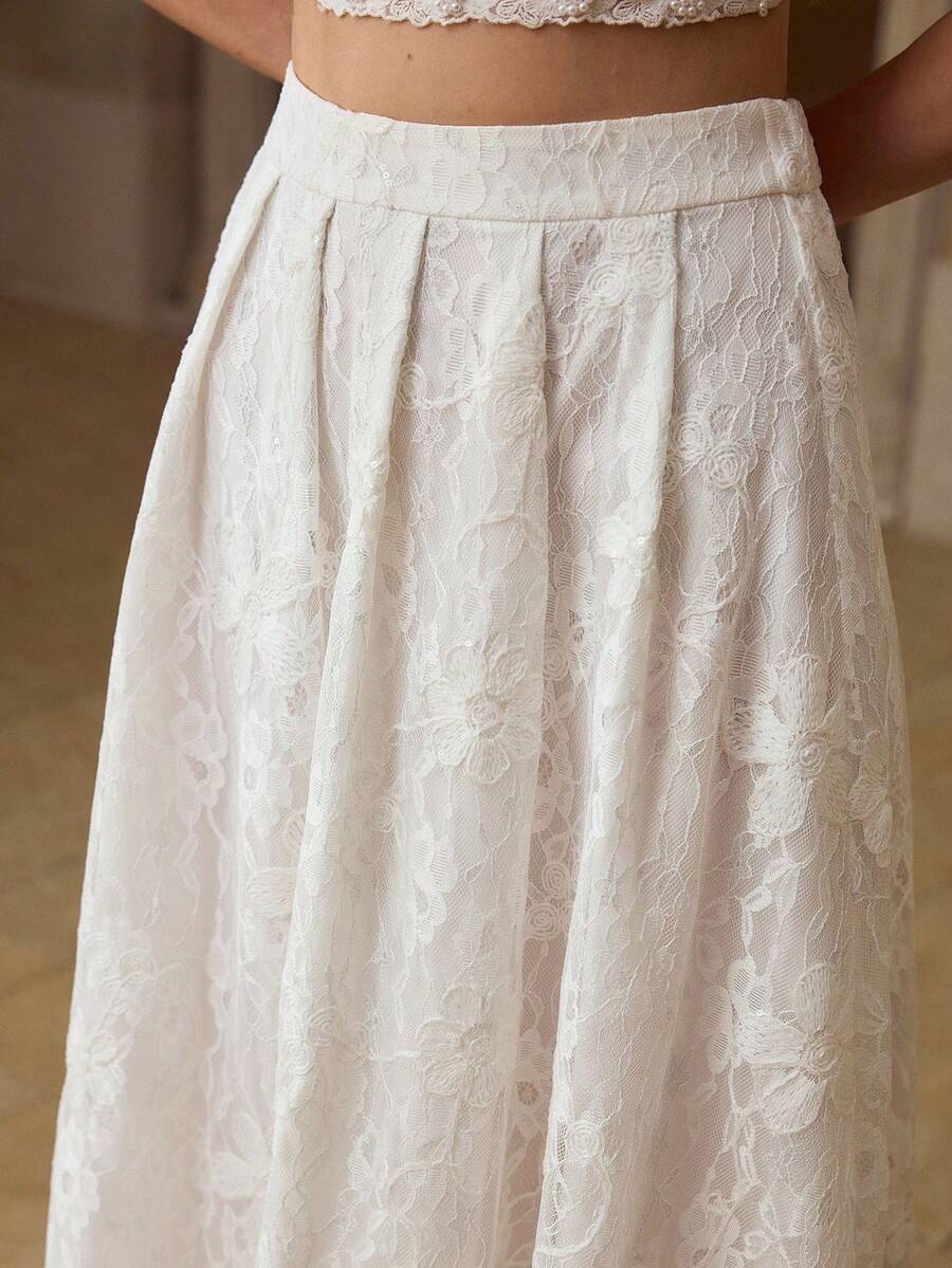 MOTF PREMIUM WOMEN'S FASHION LACE CUT FOLD PLEATED FLARED SKIRT - White - View 1