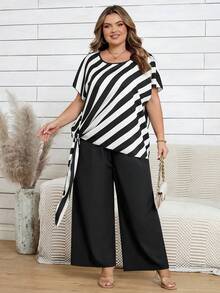 SHEIN CURVE+ 大码休闲通勤撞色条纹领带衬衫和纯色长裤两件套/2026/新年 - 黑與白 - 查看 9