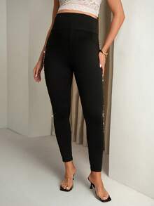 MaterniChic Beaded Maternity Solid Color Adjustable Waist Leggings Baby Shower Spring Elegant - Black - View 3