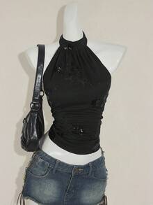 SHEIN ICON Áo croptop nữ cổ yếm không tay ôm sát, vạt bất đối xứng, đính cườm và thêu họa tiết, phong cách Y2K gợi cảm, thích hợp cho mùa Thu/Đông. - màu đen - Xem 5