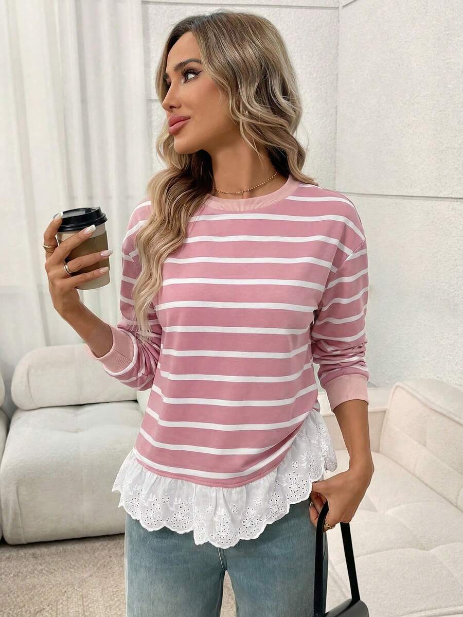 Easowa 秋冬季条纹印花花边下摆落肩卫衣 - 粉色 - 查看 1