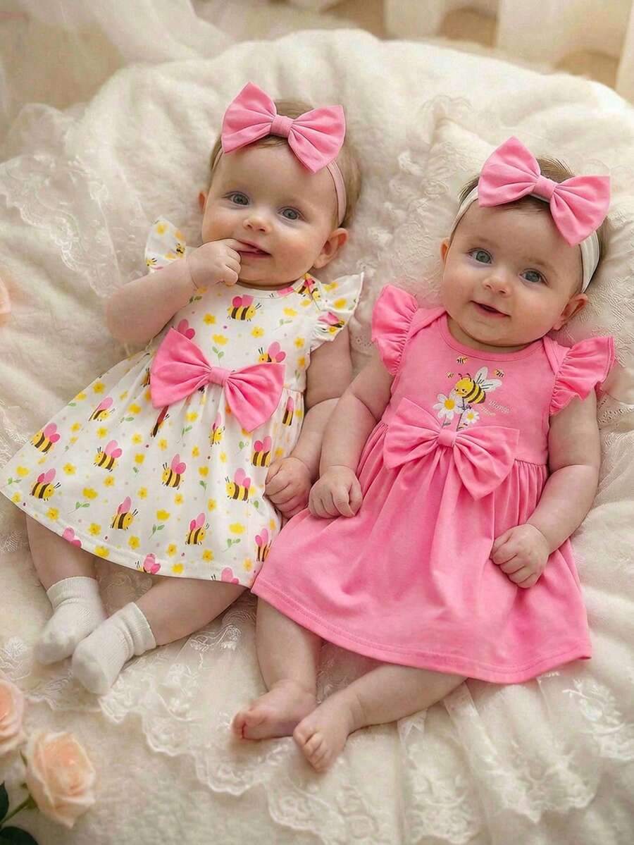 SHEIN 2pcs Newborn Baby Girl Cute Cartoon Pattern Bow Tie Ruffle Sleeve Knit Dress, Pink Baby Floral Dresses Babygirl Easter Dresses Spring Baby Dresses Easter Dresses Matching - Pink - View 1
