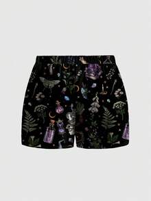 ROMWE Goth 以自然为灵感的哥特式神秘月亮、星星、蝴蝶、蝙蝠印花宽松黑色短裤，适合大码女性 - 黑色 - 查看 2