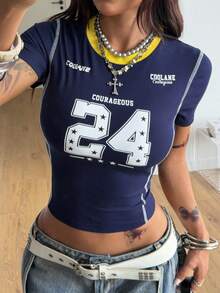 Coolane Women's Summer Party/Graduation/Casual/Vacation/Street Style/Y2K/Fashionable/Daily Wear Number Pattern Navy Blue Short Sleeve T-Shirt, Crop Tops Y2k, Navy Tops, Babyphat Clothes Women - Navy Blue - View 4