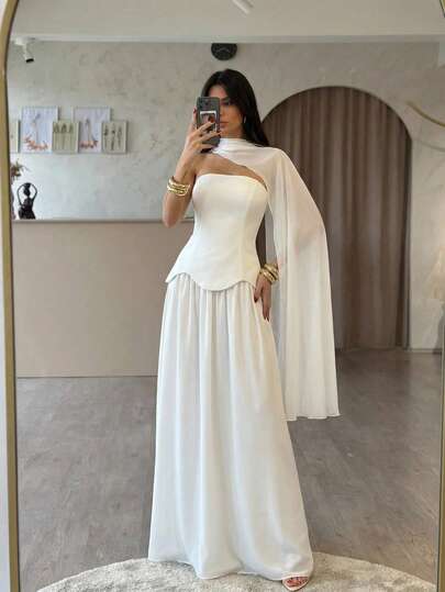Firerie Women's Casual Elegant Ribbon Collar Long Dress/Chiffon Flowing Long Skirt/Umbrella Dress/Festival Outfit/Valentine's Day/Romantic Occasion/Retro Style White Outfit For Women For Party White Skirt Set Greek Goddess Dress Long White Dress Maxi White Dress