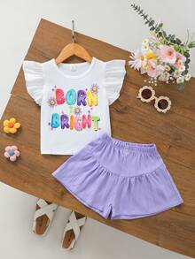 SHEIN 2件套女童圆领泡泡袖T恤+“Born Bright”彩虹标语+花卉装饰+抽绳叠层短裤，活力舒适，适合户外玩耍、日常穿着和休闲聚会的夏季套装。 - 白色 - 查看 4