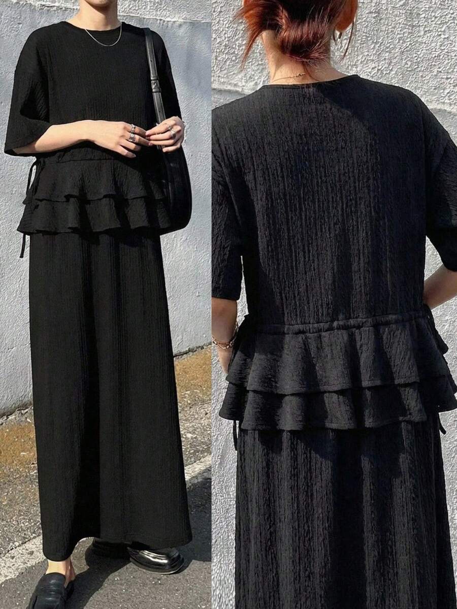 FRIFUL 女士圆领层叠荷叶边露背拼接直筒下摆长款夏季连衣裙 - 黑色 - 查看 1