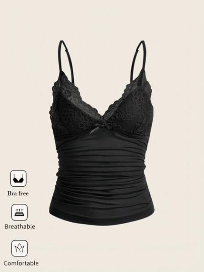 SHEIN ICON Women's Casual Sexy Lace Camisole, Casual Outfit For Women,Black Cami Top,Summer Outfits For Women,Lace Top,Elegant Outfits For Women,Y2k,Bra Free