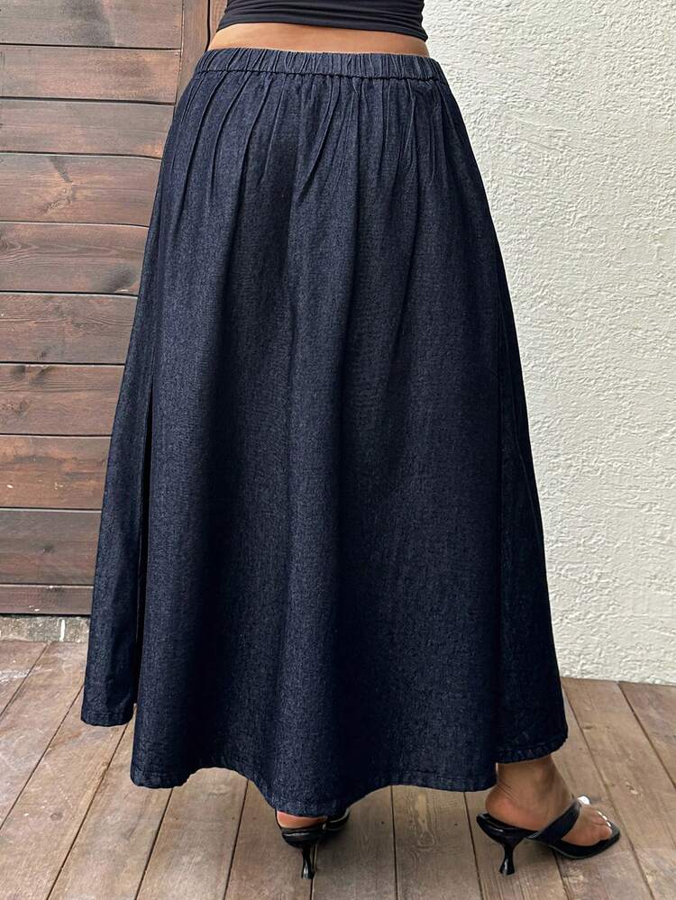 Dazy Plus Plus Size Women's Casual Pleated A-Line Long Denim Skirt, Loose Fit Vacation Style For Spring & Summer