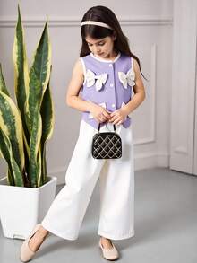 Young Girl' Set, Round Neck Top With Contrast Color Cuffs And Collar, Button Front Closure, Bow Decor, Paired With Straight Leg Casual Pants, Elegant And Fashionable Outfit - Purple - View 2