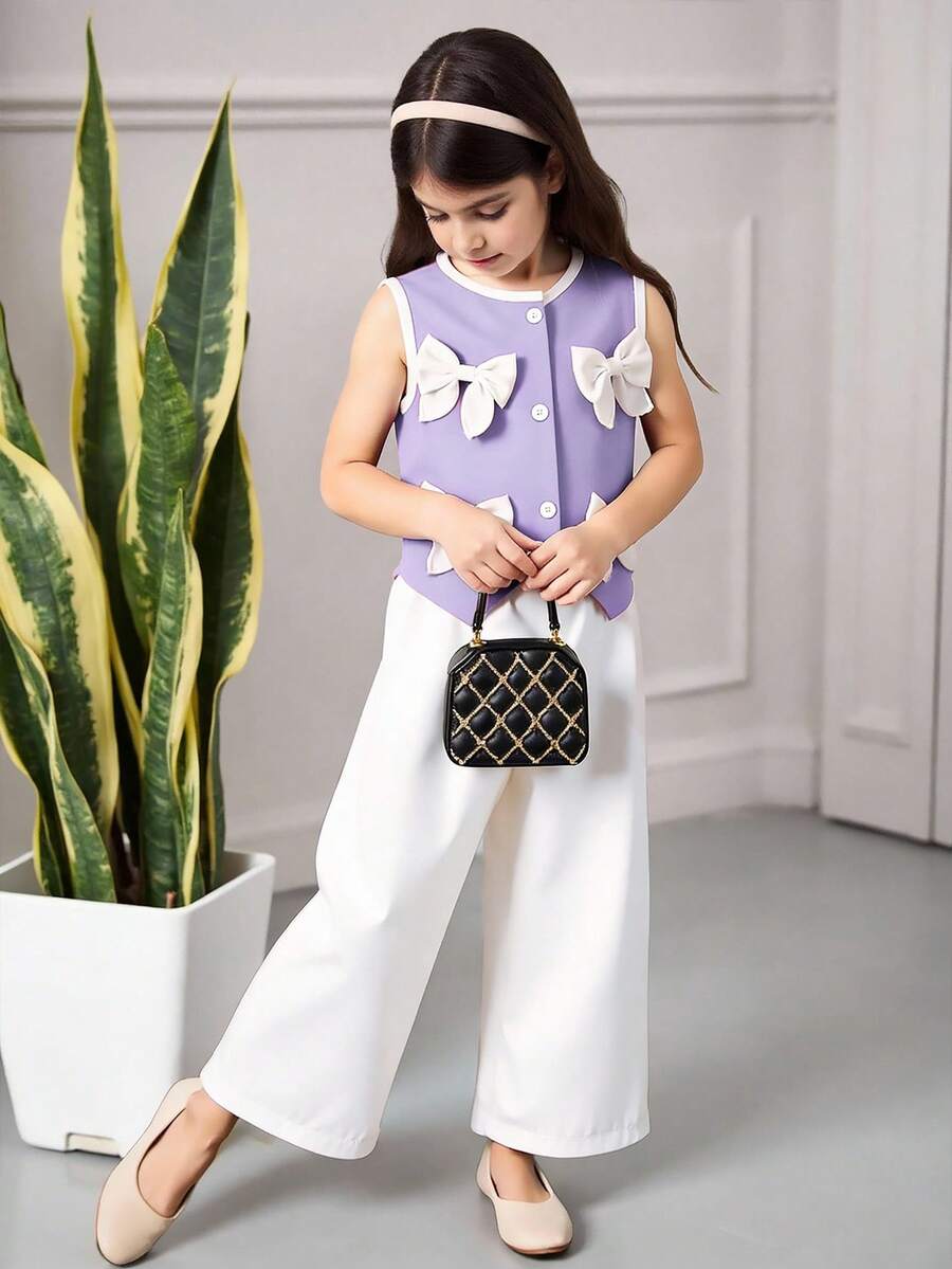 Young Girl' Set, Round Neck Top With Contrast Color Cuffs And Collar, Button Front Closure, Bow Decor, Paired With Straight Leg Casual Pants, Elegant And Fashionable Outfit