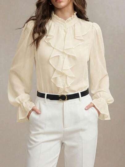 BizChic New Cream/Apricot Layered Ruffle Collar Elastic Cuff Women's Blouse, Versatile For Summer, Office, Work, Social, Formal Occasions, Easter, St. Patrick's Day, Graduation, Maternity, Elegant, Urban Commute, Casual, Romantic, 90s Vintage, Party Dress, Beach Vacation, Graduation Fashion, Basic Wardrobe