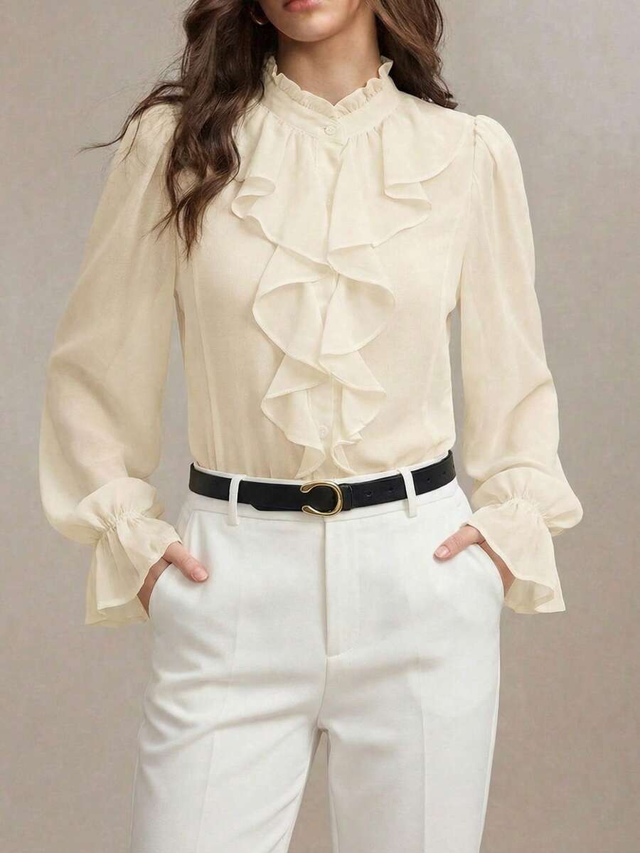 BizChic Nouvelle blouse femme à col volant multicouche crème/abricot, avec poignets élastiques. Polyvalente pour l'été, le bureau, le travail, les occasions sociales, formelles, Pâques, la Saint-Patrick, la remise des diplômes, la maternité, élégante, pour les déplacements urbains, décontractée, romantique, style vintage des années 90, robe de fête, vacances à la plage, mode de remise des diplômes, garde-robe de base - Nude - Voir 1