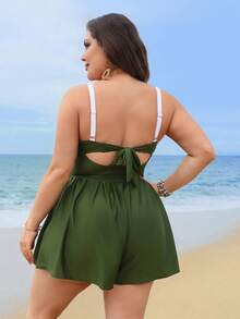Swim Lushoire Plus Size Women's Color Block Ruched One-Piece Swimsuit, Suitable For Beach Vacation, Pool Party, Beach Party - Army Green - View 2