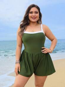 Swim Lushoire Plus Size Women's Color Block Ruched One-Piece Swimsuit, Suitable For Beach Vacation, Pool Party, Beach Party - Army Green - View 3