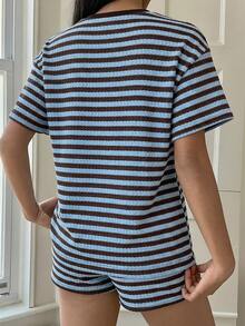 SHEIN EZwear 女士条纹圆领短袖上衣和短裤两件套休闲装 - 藍色 - 查看 2