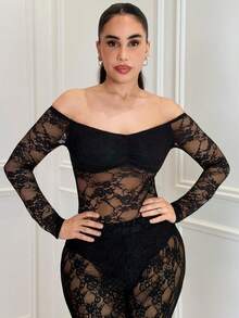 Milla Jasmine Romantic Date Sexy Long Sleeve Solid Color Lace See-Through Off-Shoulder Women's Top, Summer - Black - View 5